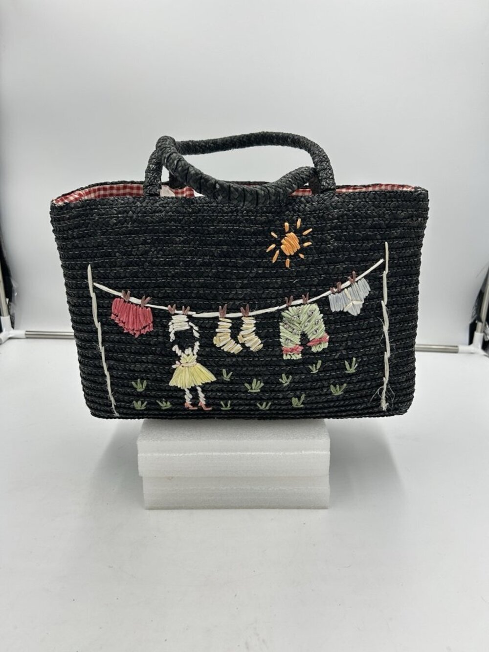 Vintage Straw MCM Shopper Tote Beach Bag Rattan Clothesline Design Black 13x9